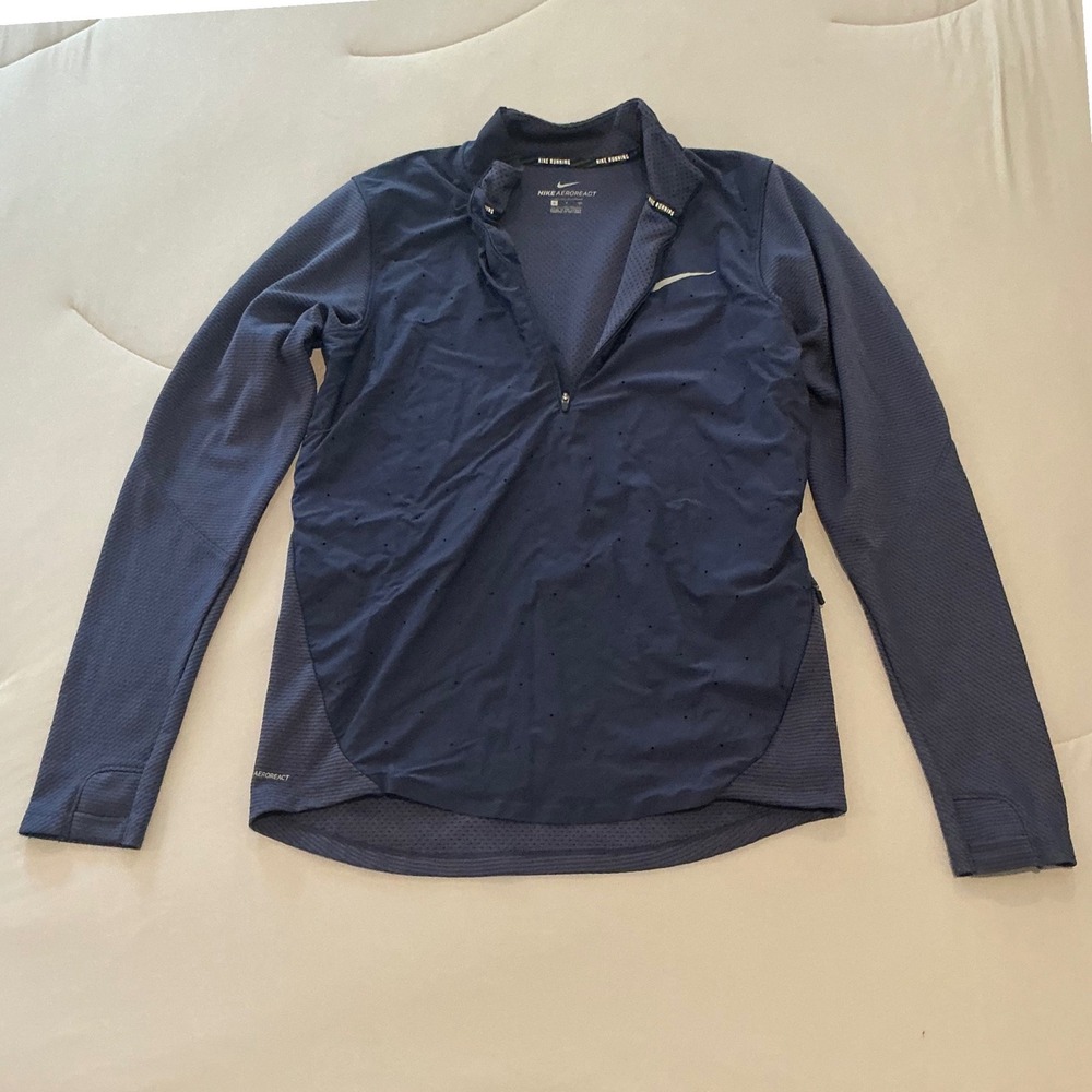 Nike AeroReact Womens Running 1/4 Zip Pullover Navy Blue Small Thumbholes